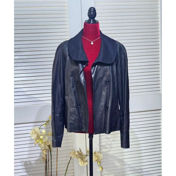 Theory Women's Black Lamb Leather Double-Breasted Moto Jacket Size M 2752 - Picture 2 of 12